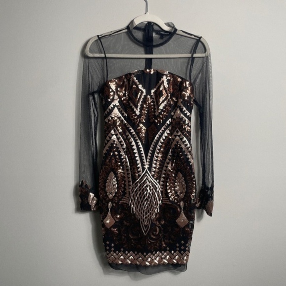 Fashion Nova Art Deco‎ Sequin Mesh Bodycon Mini Dress Rose Gold Black S